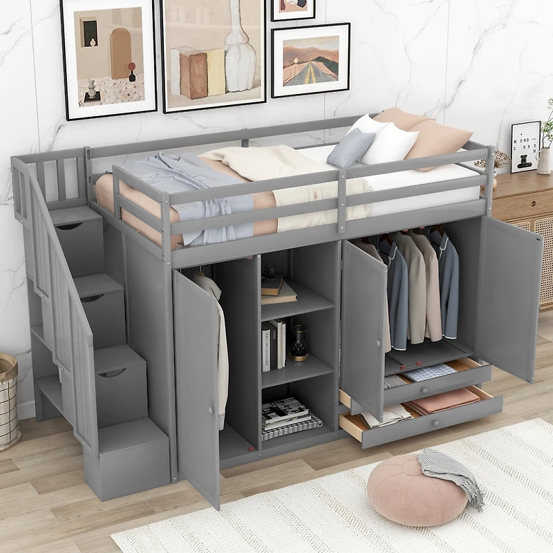 Streamdale 3-Shelf Loft Bed with Storage Units and Ladder