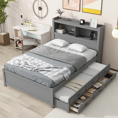 Streamdale Full Size Platform Bed With Trundle, Drawers And Usb Plugs, White