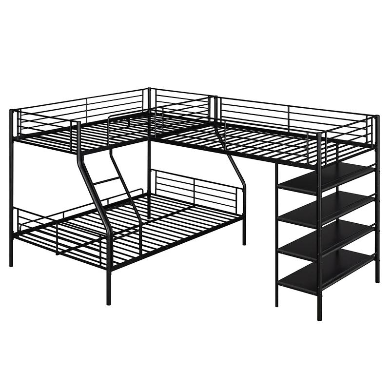 Simplie Fun L-Shaped Metal Twin Over Full Bunk Bed And Twin Size Loft Bed With Four Built-In Shelves