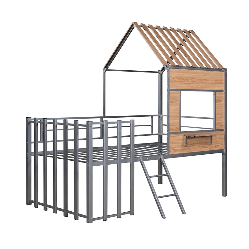 Streamdale Metal Twin Loft Bed With Roof, Window, Guardrail, Ladder