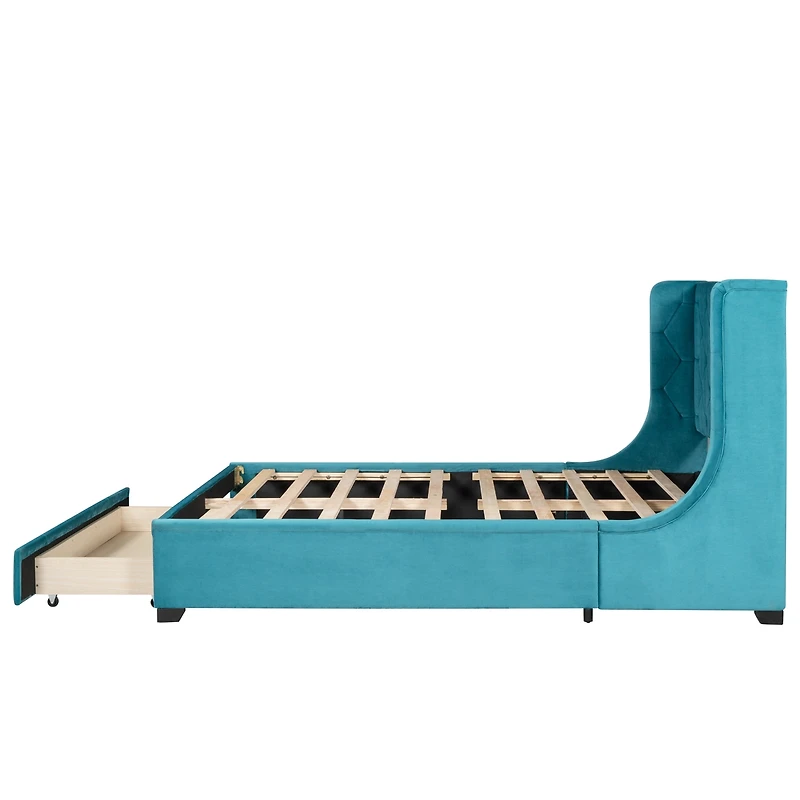 Streamdale Velvet Wingback Storage Platform Bed with Drawer