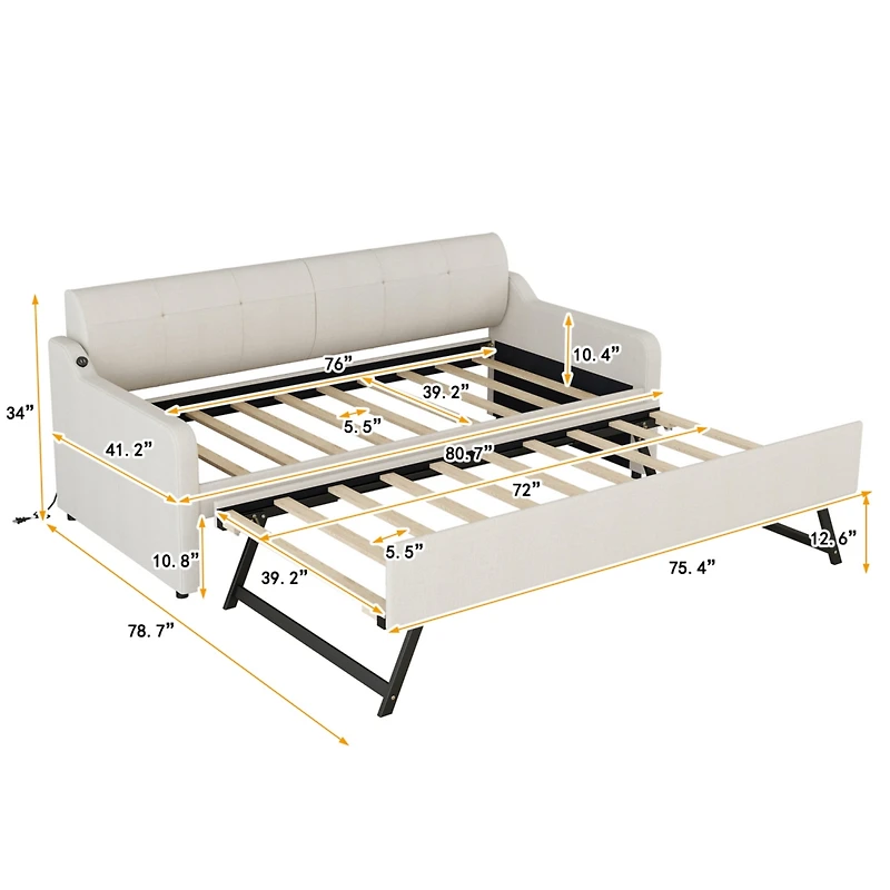 Streamdale Twin Upholstery Daybed with Trundle and Usb Charging