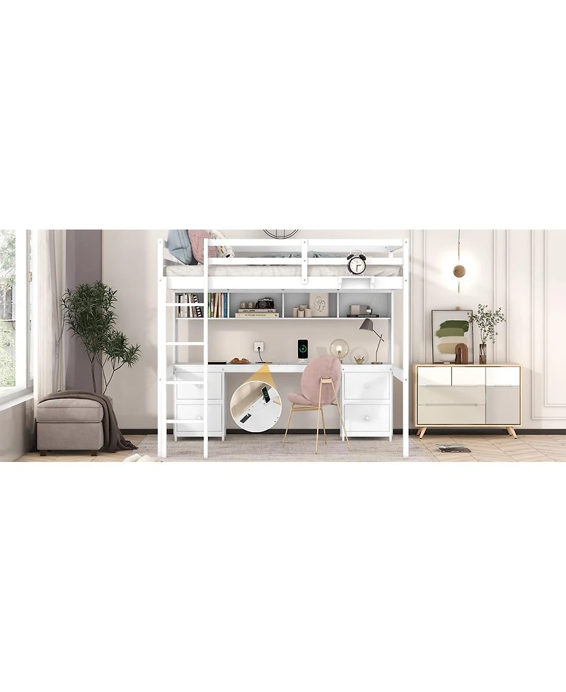 Simplie Fun Full Size Loft Bed With Desk, Cabinets, Drawers And Bedside Tray, Charging Station