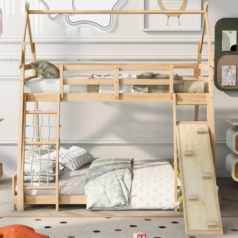 Streamdale Twin Over Queen House Bunk Bed With Climbing Nets And Ramp