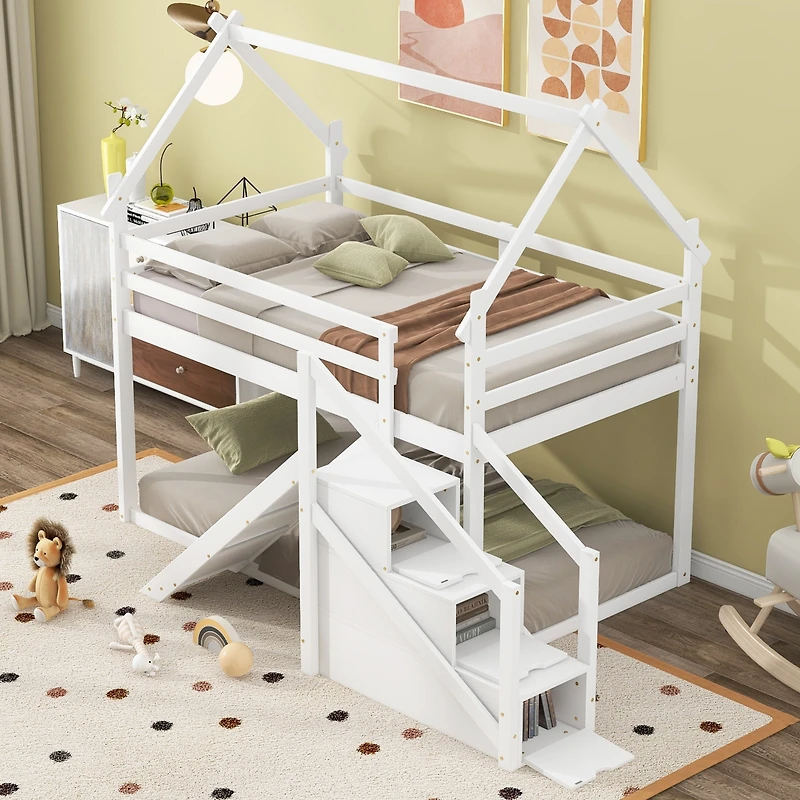 Streamdale Twin Over House Loft Or Bunk Bed With Slide And Staircase