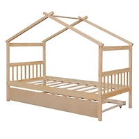 Streamdale Twin Size Wooden House Bed With Twin Size Trundle, Natural
