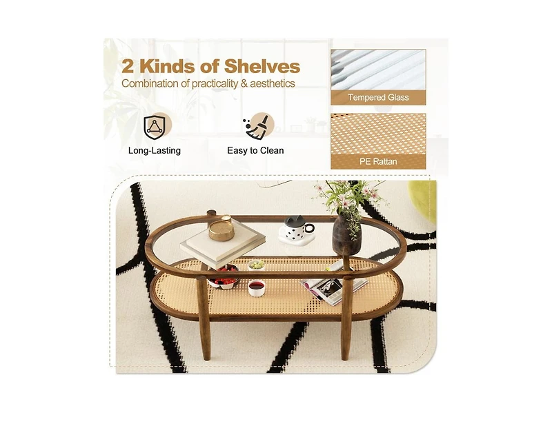 2-Tier Coffee Table with Tempered Glass Tabletop and Acacia Wood Frame