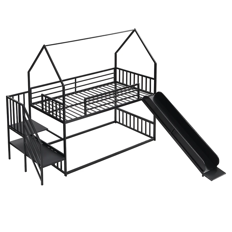 Simplie Fun Twin Metal Bunk Bed House With Slide And Staircase