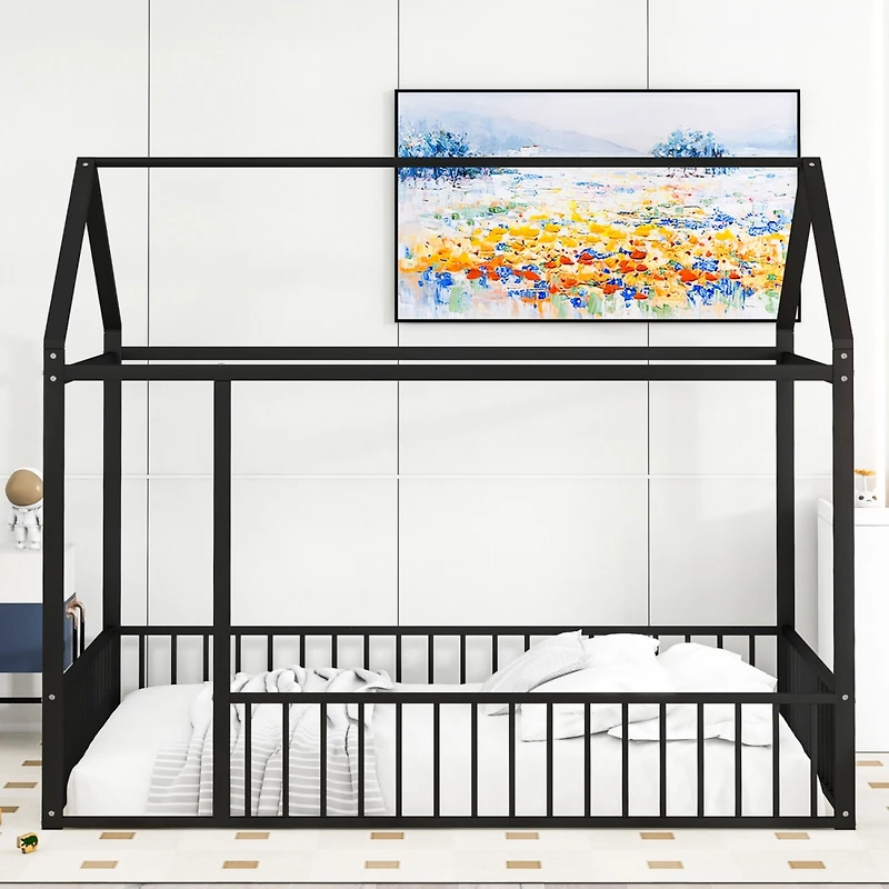 Streamdale Metal House Bed Frame with Fence for Kids
