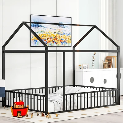 Streamdale Metal House Bed Frame with Fence for Kids