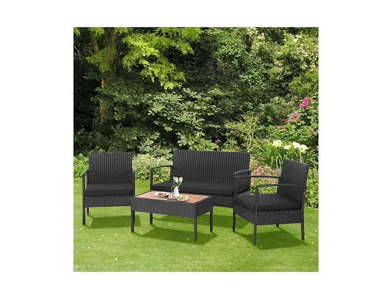 Slickblue 4 Pieces Patio Rattan Cushioned Furniture Set with Wooden Tabletop