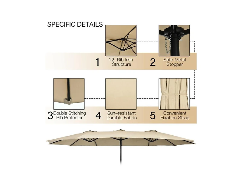 15 Feet Double-Sided Twin Patio Umbrella with Crank and Base