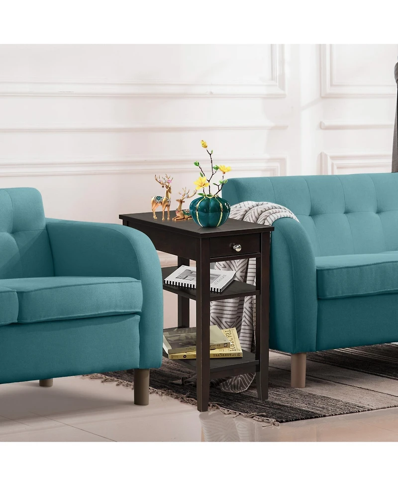 Side Table with Drawer and 2 Open Shelves, Compact End Table for Small Spaces