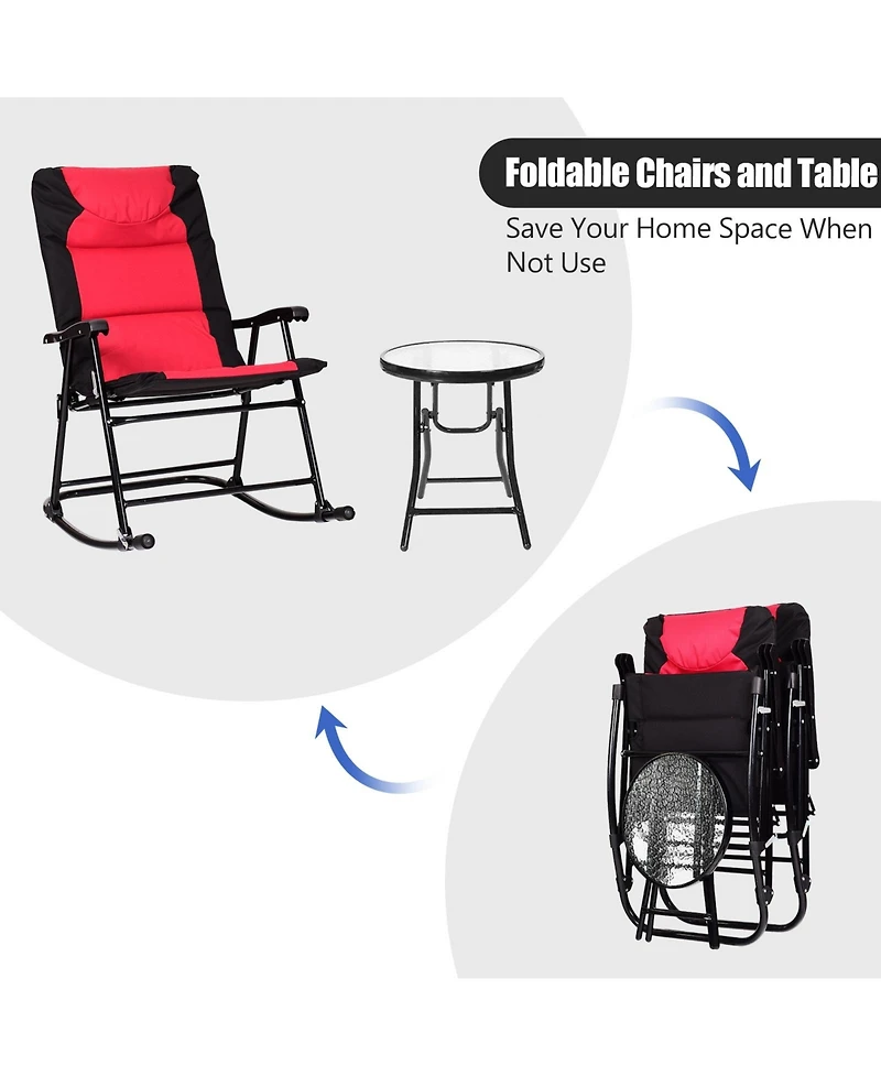 Slickblue 3 Pcs Outdoor Folding Rocking Chair Table Set with Cushion