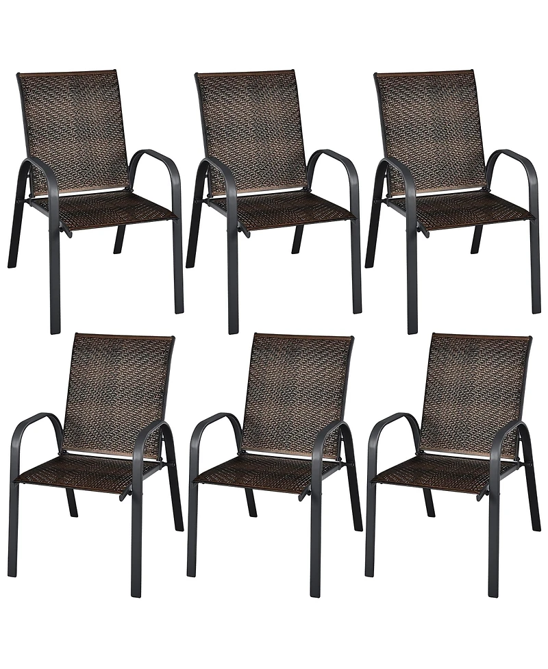 Gymax 6PCS Outdoor Pe Wicker Stacking Dining Chairs Patio Arm Mix Brown