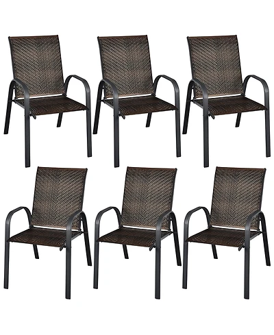 Gymax 6PCS Outdoor Pe Wicker Stacking Dining Chairs Patio Arm Mix Brown