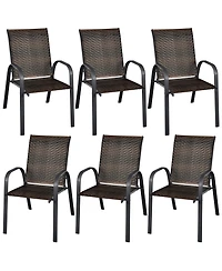 Gymax 6PCS Outdoor Pe Wicker Stacking Dining Chairs Patio Arm Mix Brown