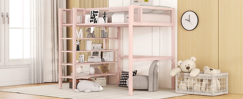 Streamdale Twin Metal Loft Bed With 4Tier Shelves And Storage, White