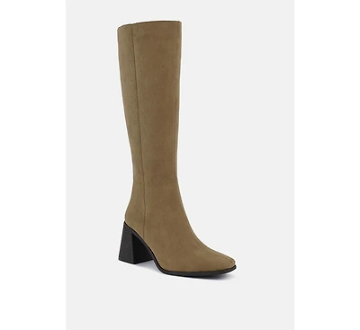 paytin faux leather block heel calf length boots