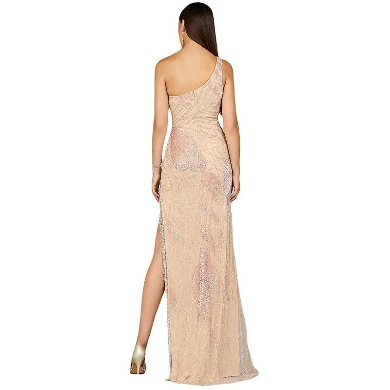 Lara Women's One Shoulder Beaded Gown with Fringe Slit