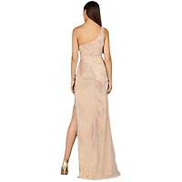 Lara Women's One Shoulder Beaded Gown with Fringe Slit
