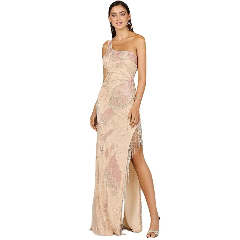 Lara Women's One Shoulder Beaded Gown with Fringe Slit