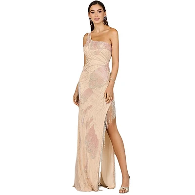Lara Women's One Shoulder Beaded Gown with Fringe Slit