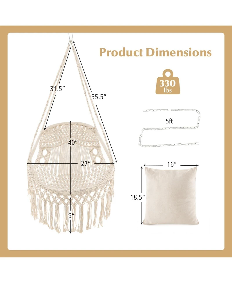 Slickblue Hanging Hammock Chair with Soft Seat Cushions and Sturdy Rope Chain-Beige