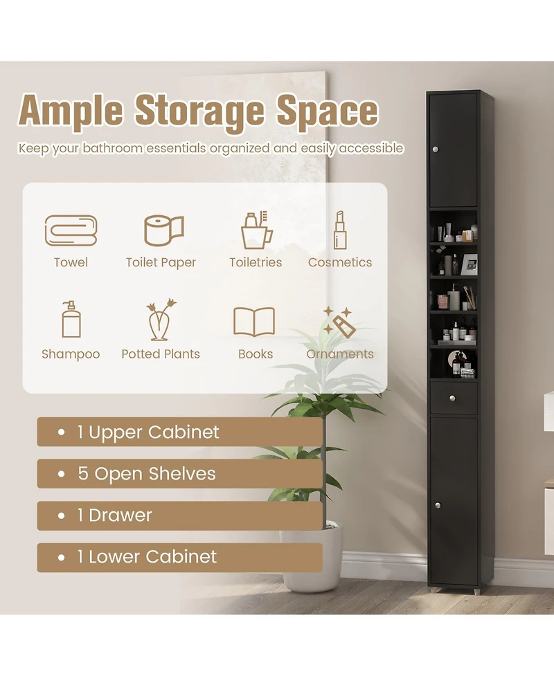 Freestanding Slim Bathroom Cabinet with Drawer and Adjustable Shelves