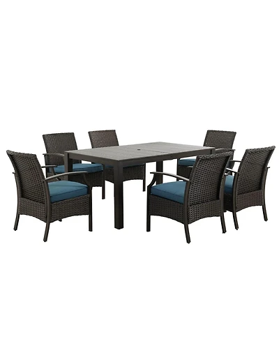 Mondawe Wicker Formal Dinning Table and Seating Arm Chair Set With Blue Cushions In Metal Frame (Set of 7)