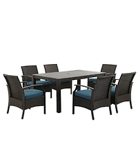 Mondawe Wicker Formal Dinning Table and Seating Arm Chair Set With Blue Cushions In Metal Frame (Set of 7)