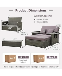 Wicker Loveseat Sofa with Multipurpose Ottoman and Retractable Side Tray