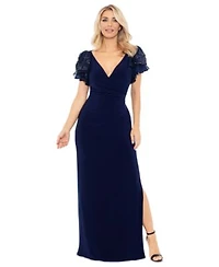 Betsy Adam Womens Sequin Sleeve Surplice Neck Gown