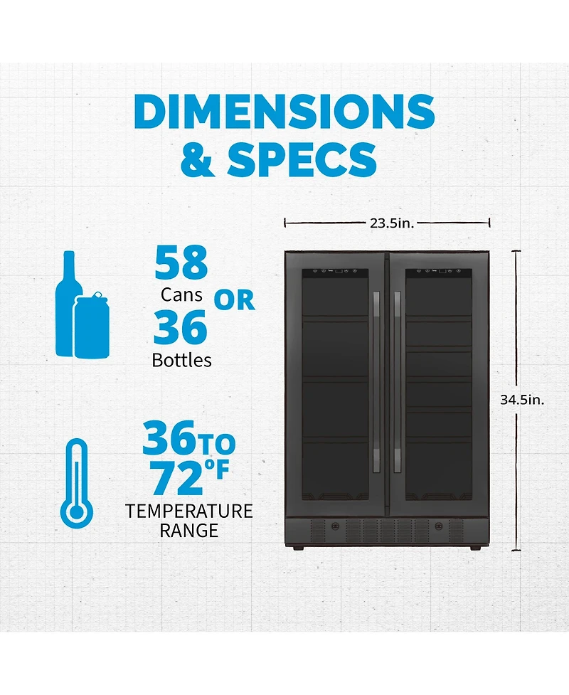 Newair 24" Wine and Beverage Refrigerator and Cooler, 18 Bottle and 60 Can Capacity, Built-in Dual Zone Fridge in Black Stainless Steel with Fren