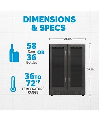 Newair 24" Wine and Beverage Refrigerator and Cooler, 18 Bottle and 60 Can Capacity, Built-in Dual Zone Fridge in Black Stainless Steel with Fren