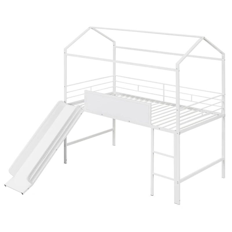 Simplie Fun Metal House Bed With Slide, Twin Loft Two-Sided Writable Wooden Board