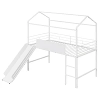 Simplie Fun Metal House Bed With Slide, Twin Loft Two-Sided Writable Wooden Board