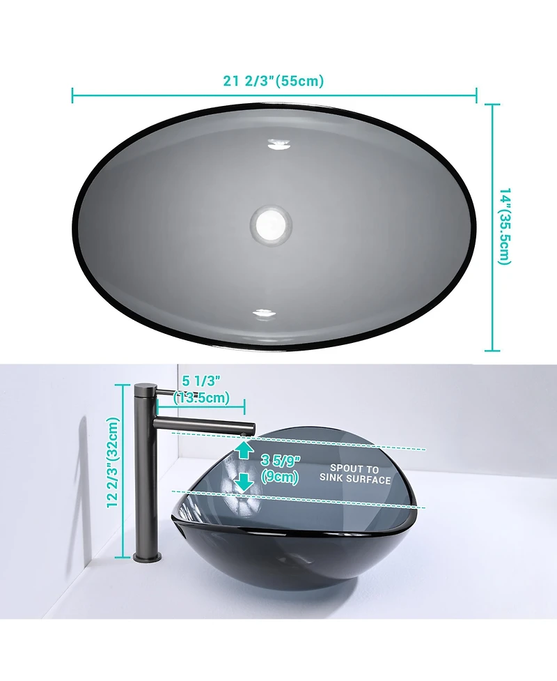 Aquaterior Oval Tempered Glass Vessel Sink w/ Bathroom Single-Hole Faucet Drain