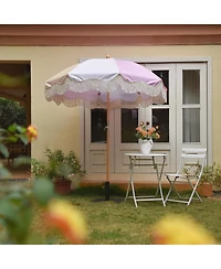 LAGarden 6Ft Fringe Patio Umbrella with Tassels & Carry Bag 50 / 60s Vintage Style Umbrella Wood Pink,Model: PS6-12