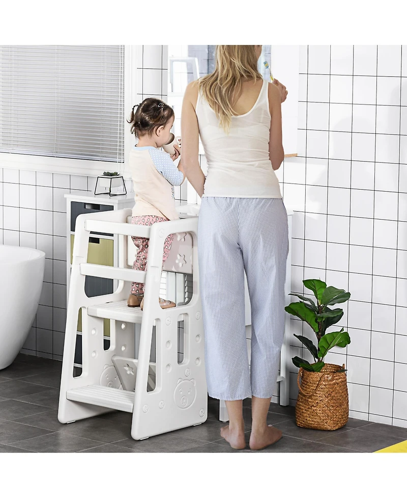 Qaba Toddler Tower with Adjustable Height, Toddler Kitchen Stool Helper with Anti-slip Mat, Step Stool for Kitchen, Bathroom