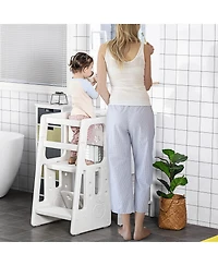 Qaba Toddler Tower with Adjustable Height, Toddler Kitchen Stool Helper with Anti-slip Mat, Step Stool for Kitchen, Bathroom