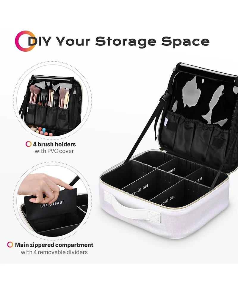Byootique Portable Glitter Makeup Train Case Brush Holder Cosmetic Bag Travel