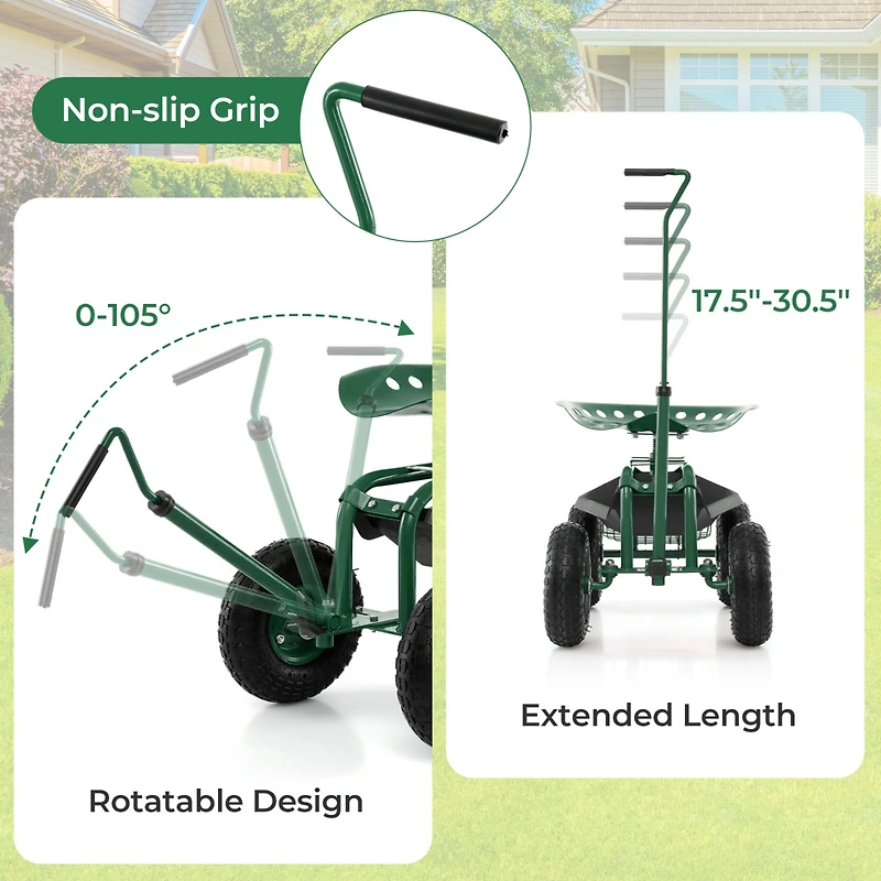 Garden Cart Rolling Work Seat for Planting w/E xtendable Handle