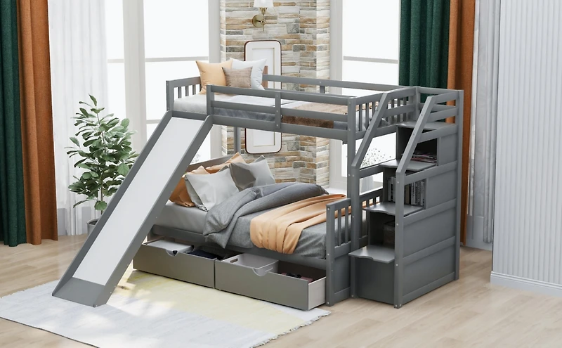 Streamdale Twin Over Full Bunk Bed With Drawers, Storage And Slide, Multifunction
