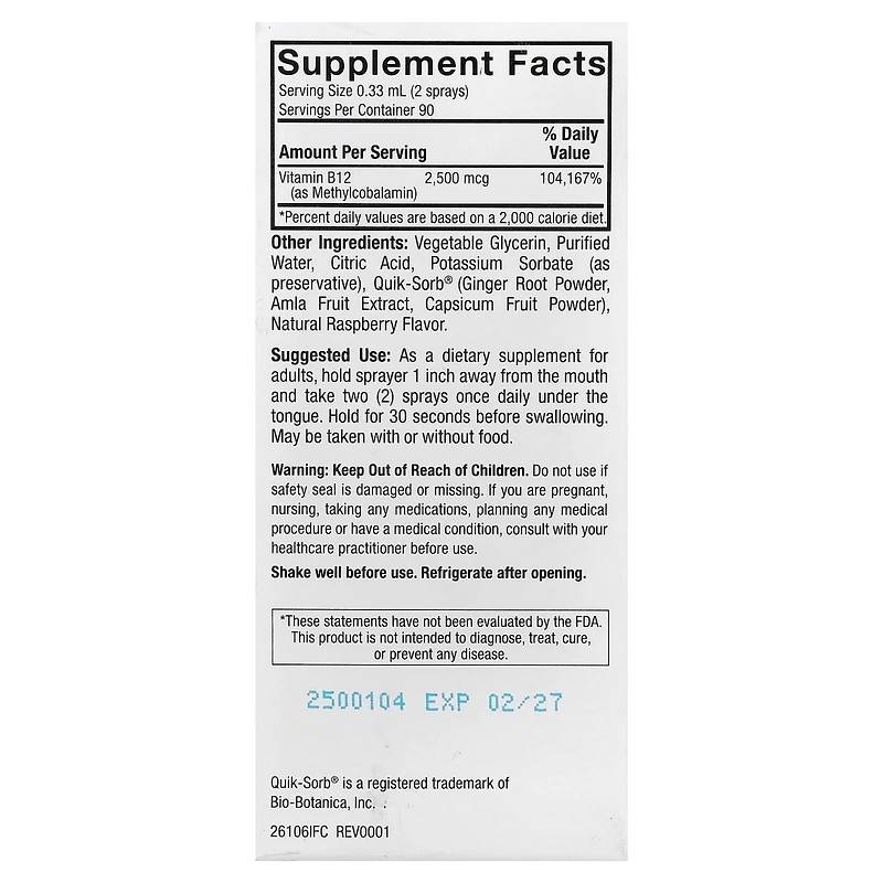Nature's Answer Methyl B12 2500 Liquid Spray Raspberry