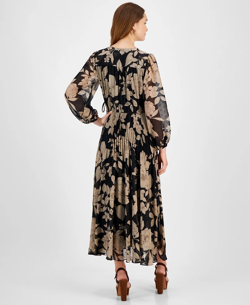 Taylor Women's Floral Chiffon V-Neck Pleated Dress