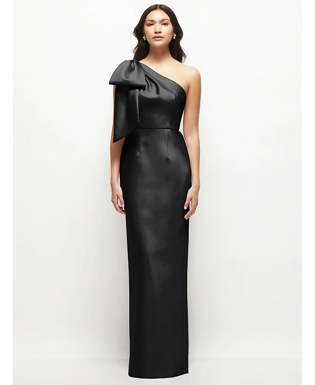 alfred sung strapless draped bodice column dress with oversized bow Alfred Sung Strapless Bow Back Satin Column Gown In Evergreen