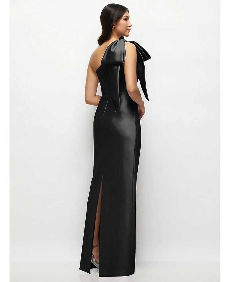 Alfred Sung Women's Oversized Bow One-Shoulder Satin Column Maxi Dress