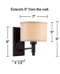 Franklin Iron Works La Pointe Farmhouse Rustic Wall Light Sconce Oil Rubbed Bronze Hardwire 6 3/4" Fixture Oatmeal Linen Drum Shade for Bedroom H