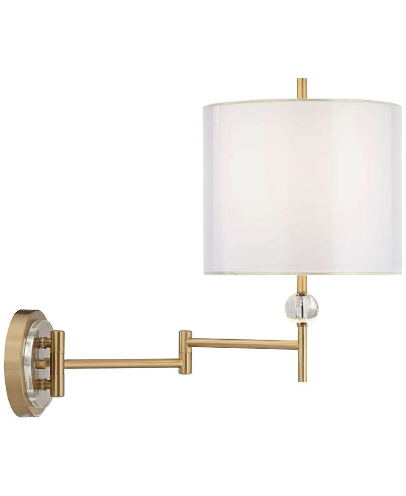 Possini Euro Design Kohle Modern Swing Arm Wall Lamp Polished Brass Plug-in Light Fixture White Inner Sheer Outer Drum Shade for Bedroom Bedside House